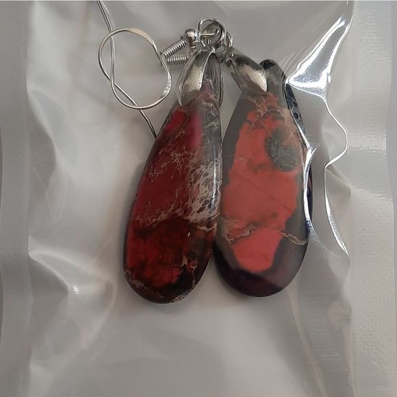 Sterling Silver and Sea sediment irridescent Jasper stone boho earrings new - Picture 3 of 3